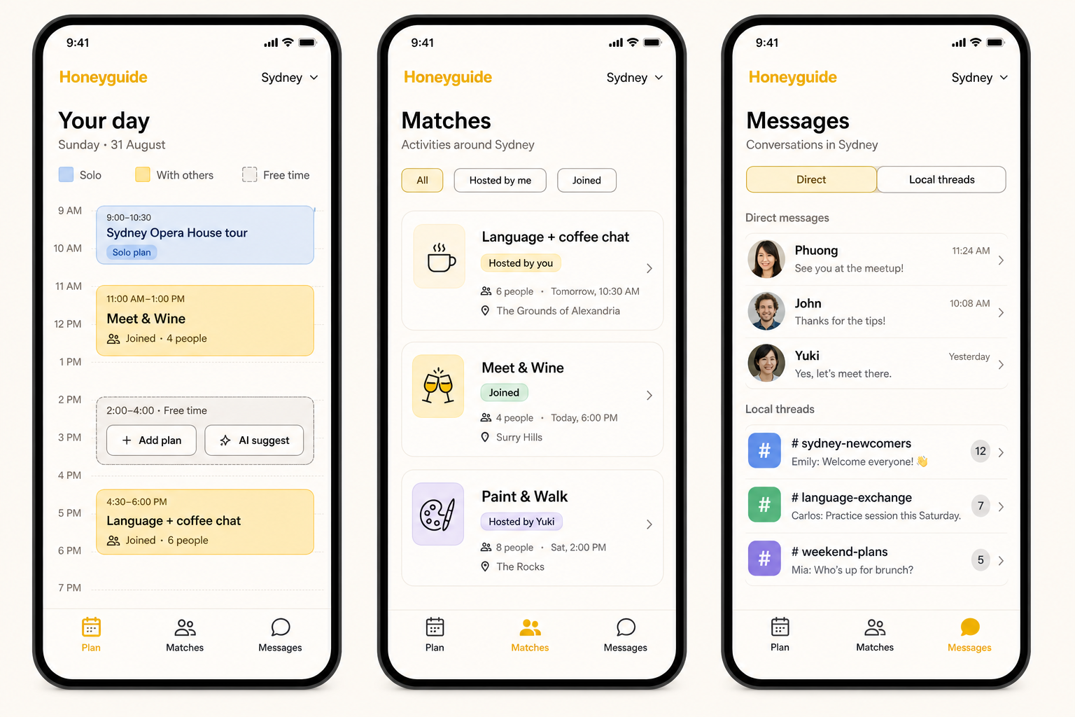 Honeyguide mobile app screens showing the daily plan, activity matches and messages